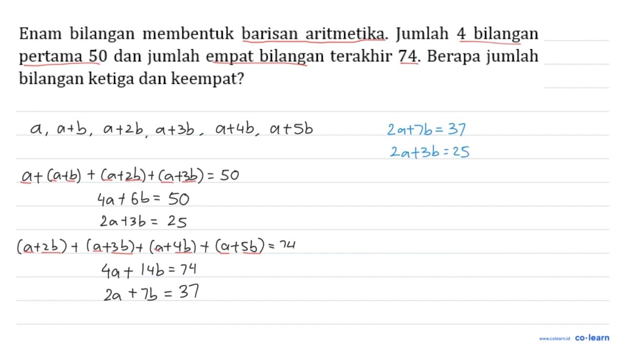 Enam bilangan membentuk barisan aritmetika. Jumlah 4