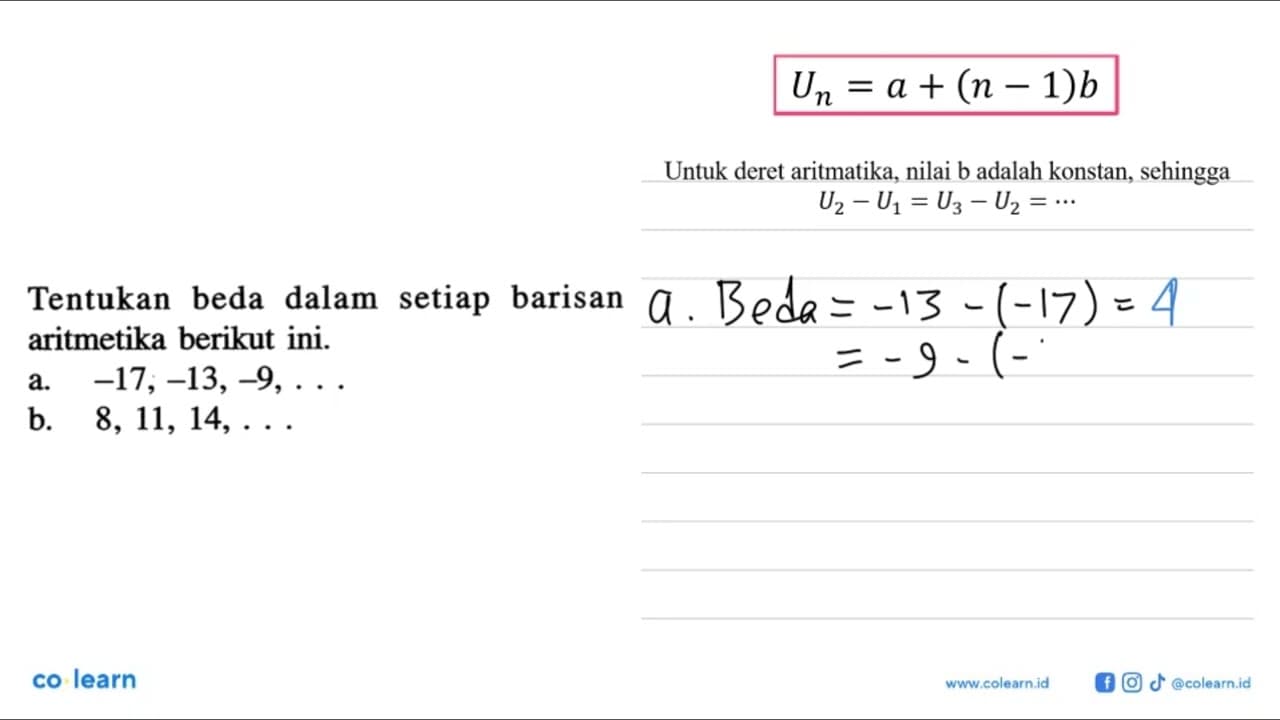 Tentukan beda dalam setiap barisan aritmetika berikut ini.