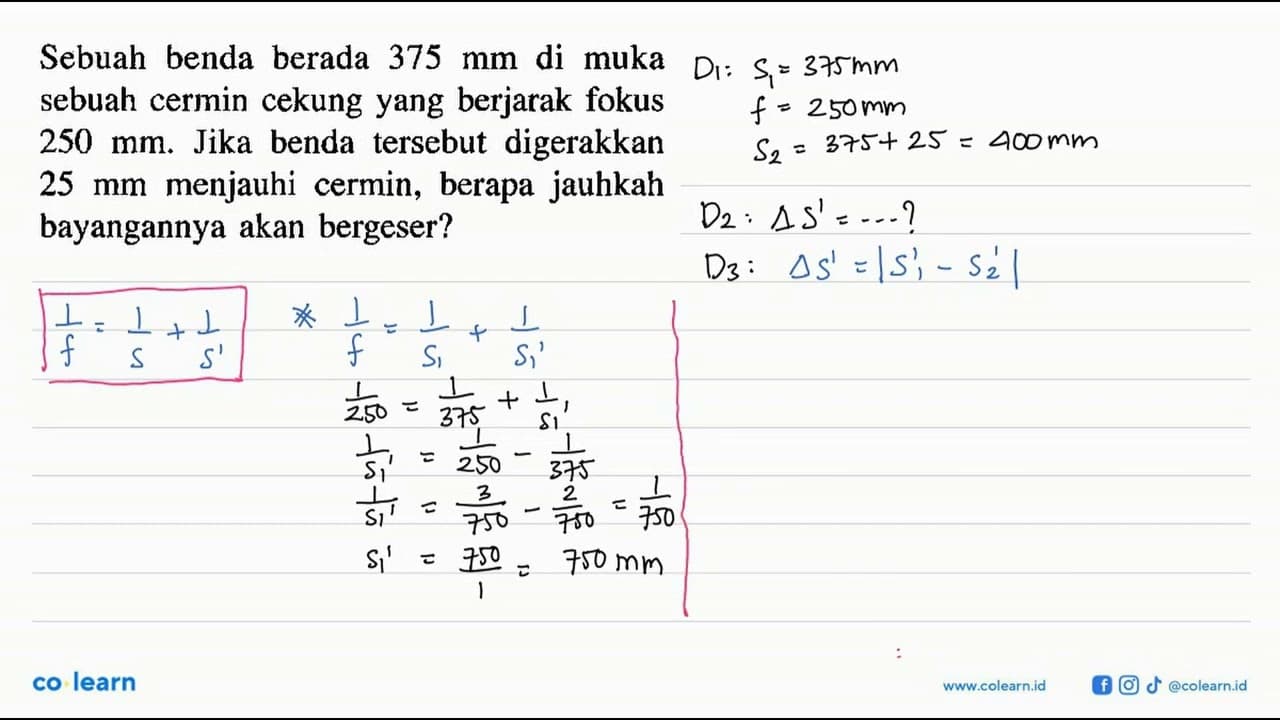 Sebuah benda berada 375 mm di muka sebuah cermin cekung