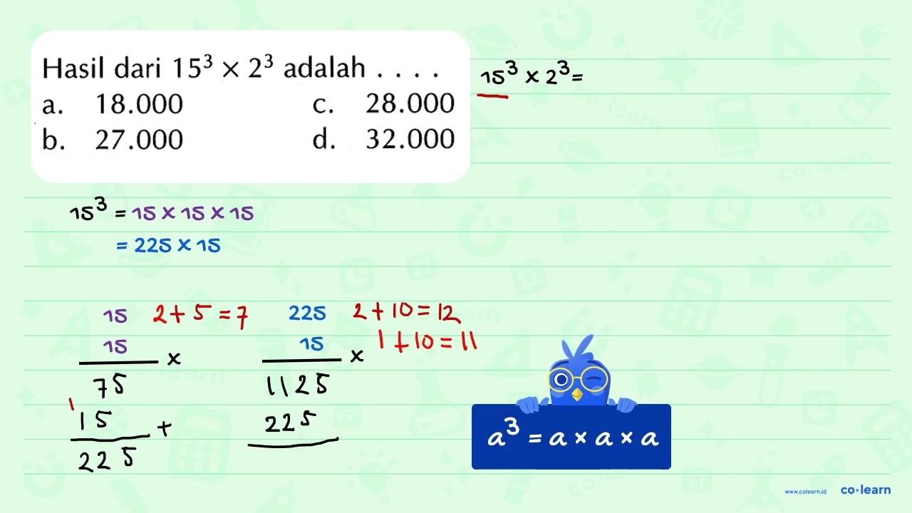 Hasil dari 15^3 X 2^3 adalah