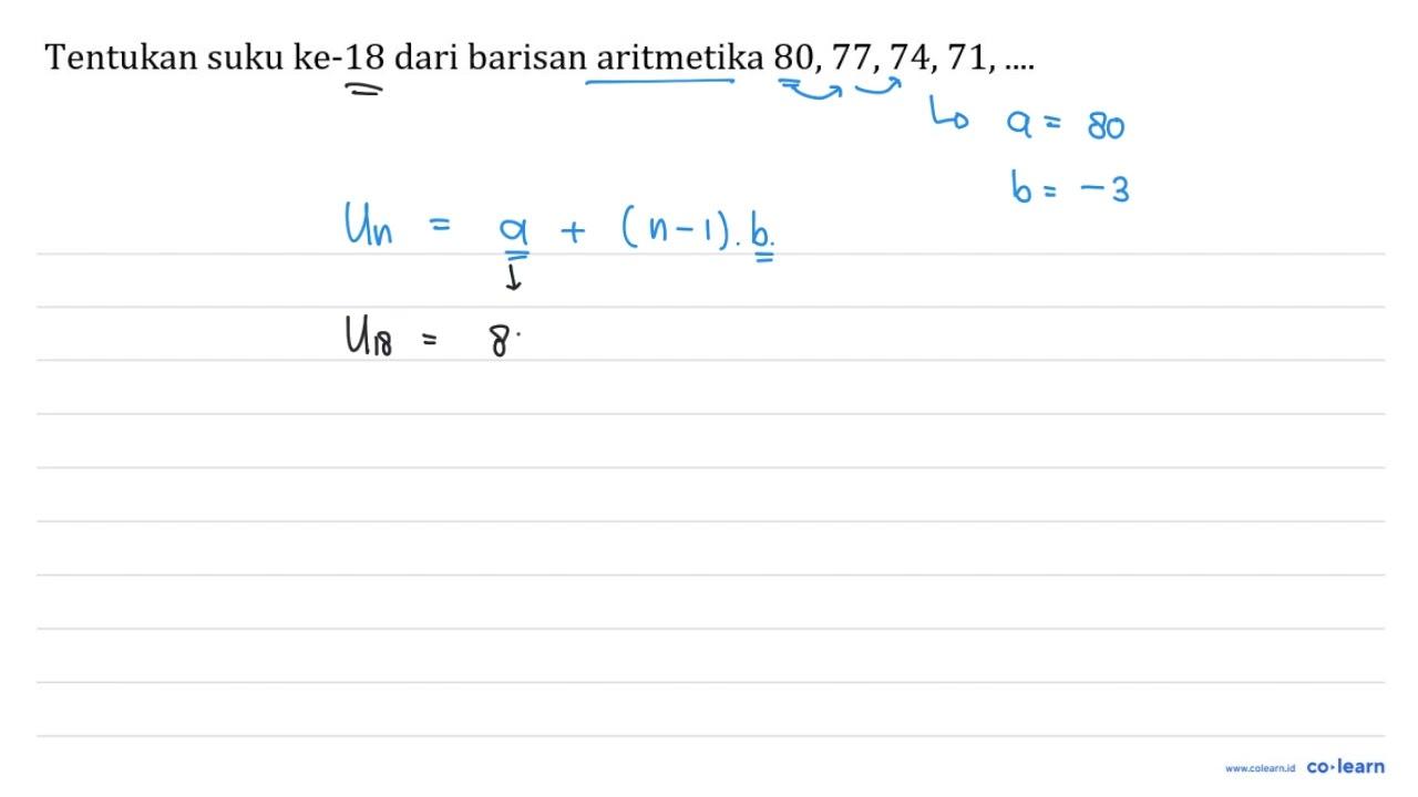 Tentukan suku ke-18 dari barisan aritmetika 80,77,74,71,