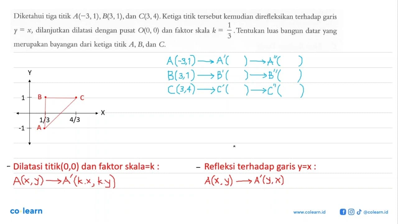 Diketahui tiga titik A(-3,1), B(3,1) , dan C(3,4). Ketiga