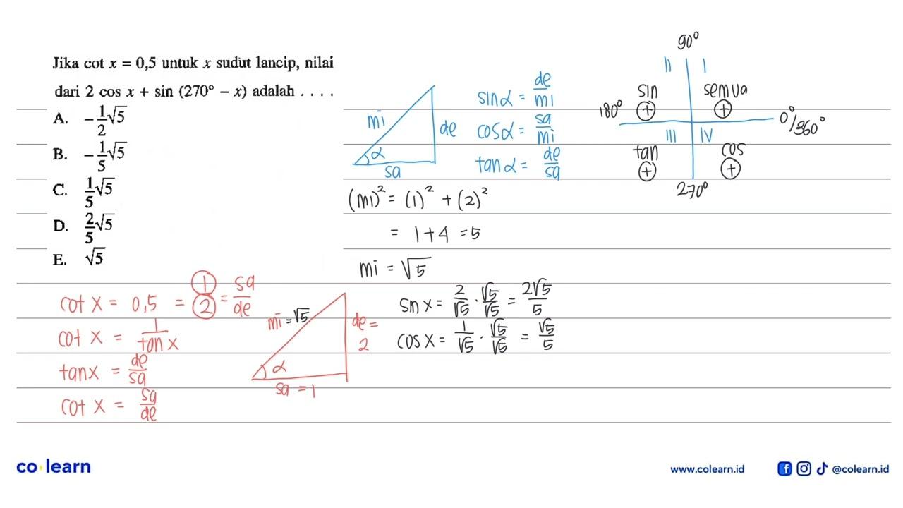 Jika cot x=0,5 untuk x sudut lancip, nilai dari 2 cos