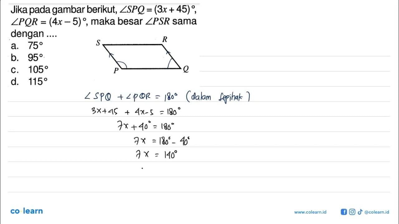 Jika pada gambar berikut, sudut SPQ=(3x+45), sudut