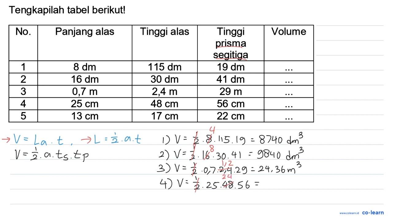 Tengkapilah tabel berikut! No. Panjang alas Tinggi alas