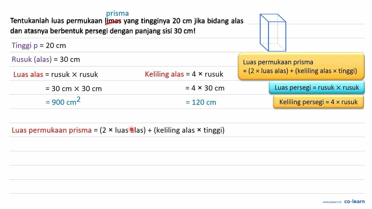 Tentukanlah luas permukaan limas yang tingginya 20 cm jika