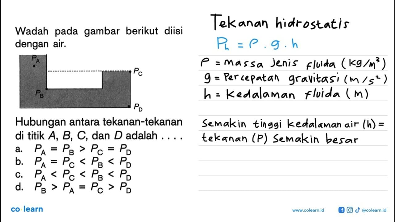 Wadah pada gambar berikut diisi dengan air. PA PC PB PD