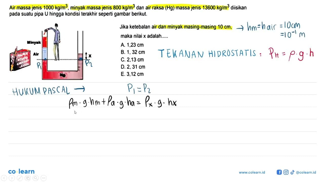 Air massa jenis 1000 kg/m^3, minyak massa jenis 800 kg/m^3