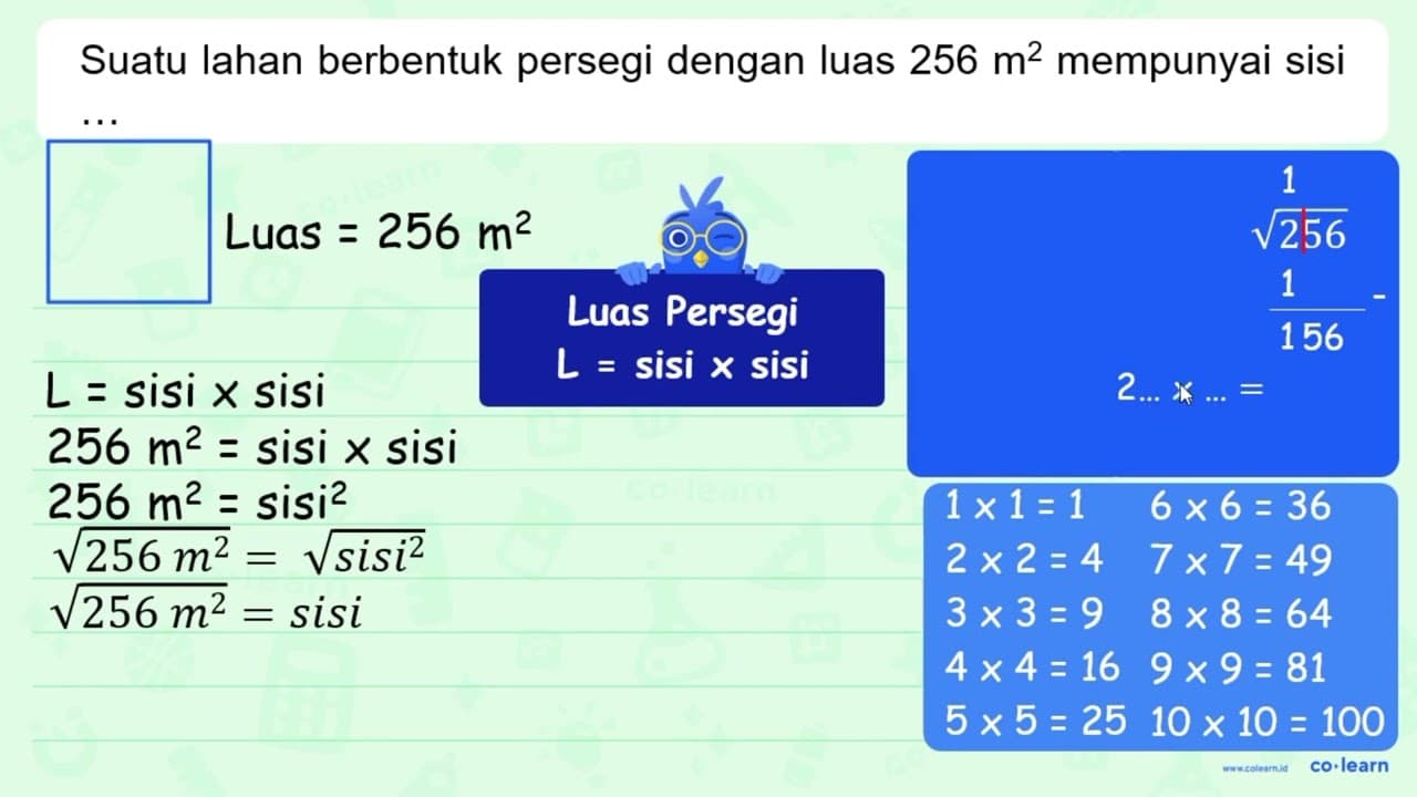 Suatu lahan berbentuk persegi dengan luas 256 m^2 mempunyai