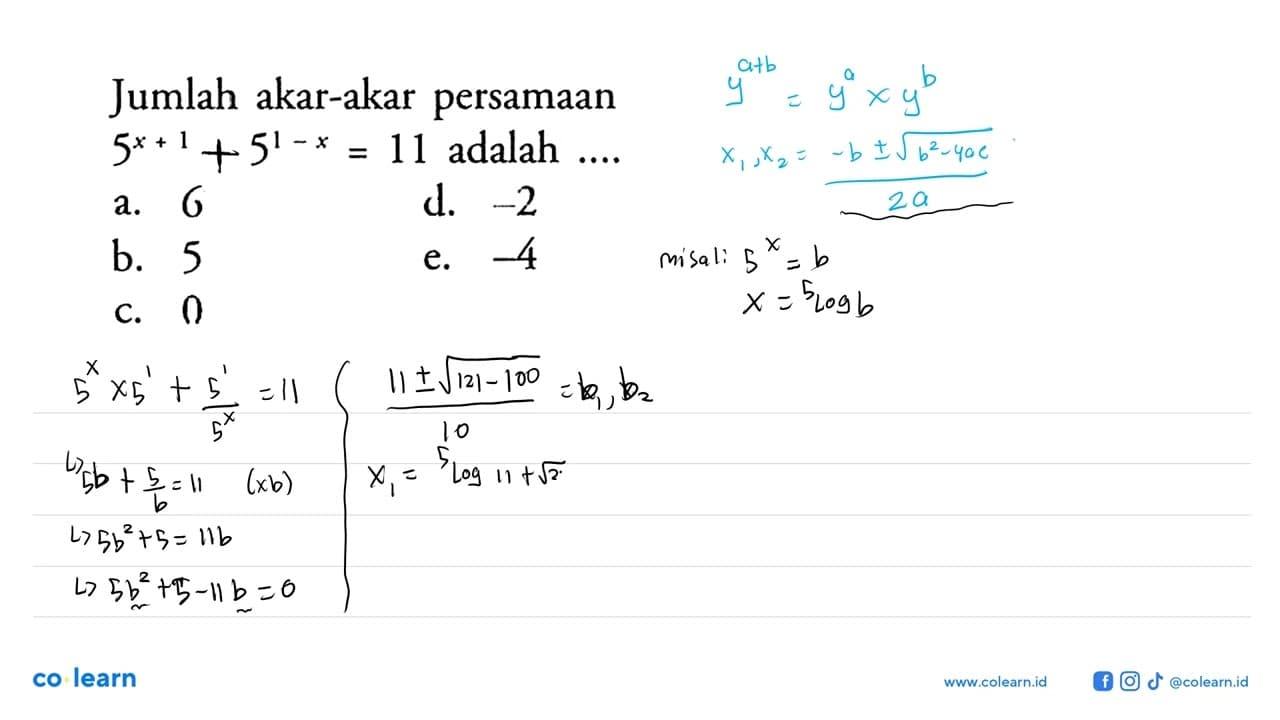 Jumlah akar-akar persamaan 5^(x+1)-5^(1-x)=11 adalah....