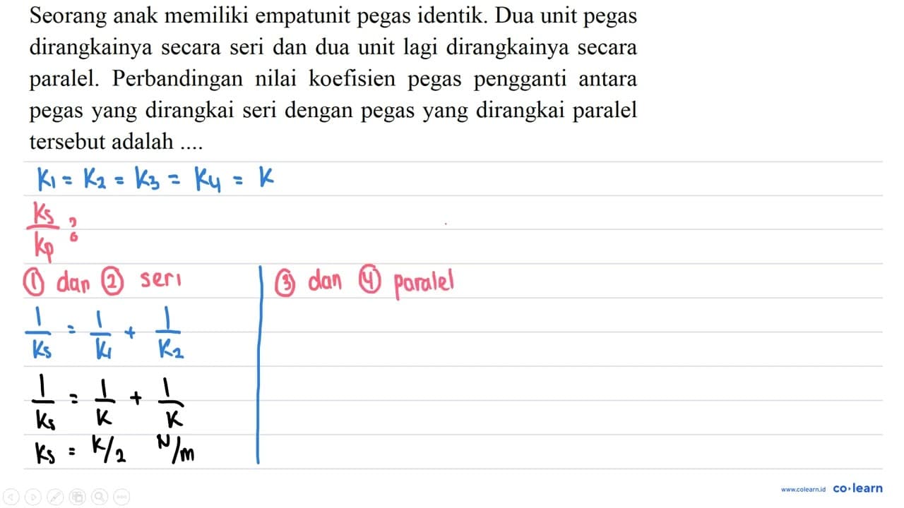 Seorang anak memiliki empatunit pegas identik. Dua unit