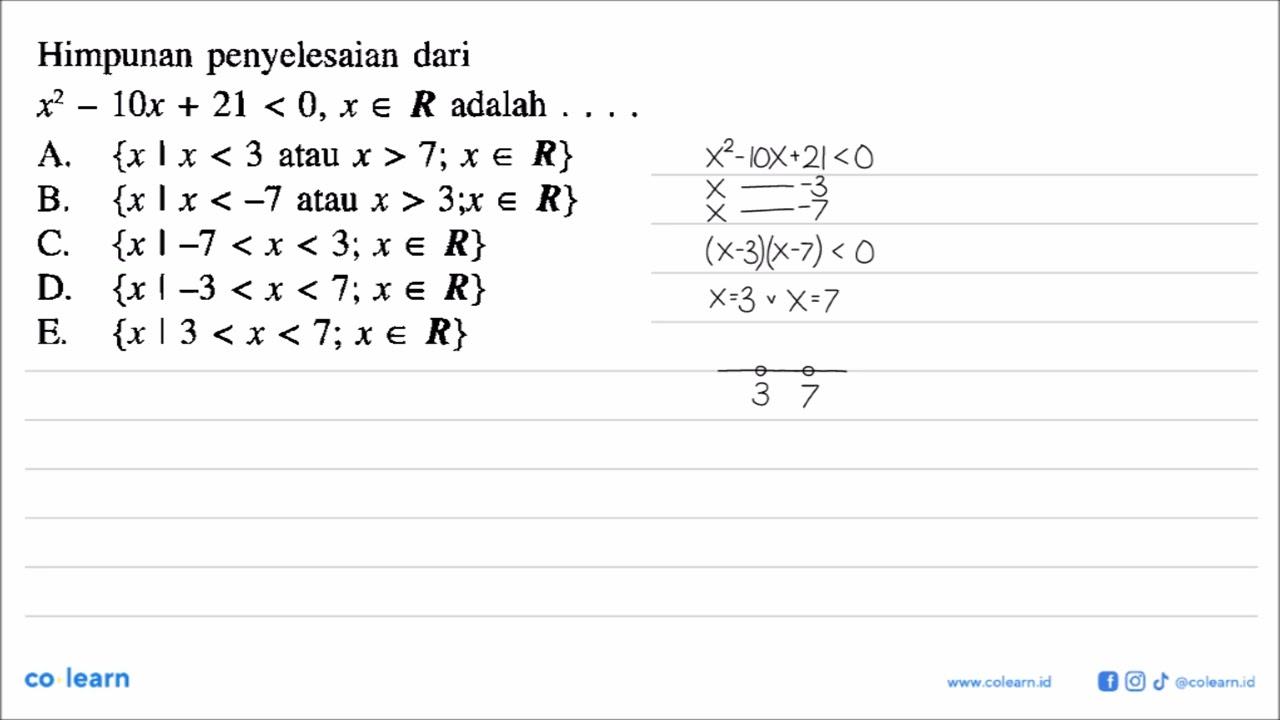 Himpunan penyelesaian dari x^2-10x+21<0, x e R adalah....