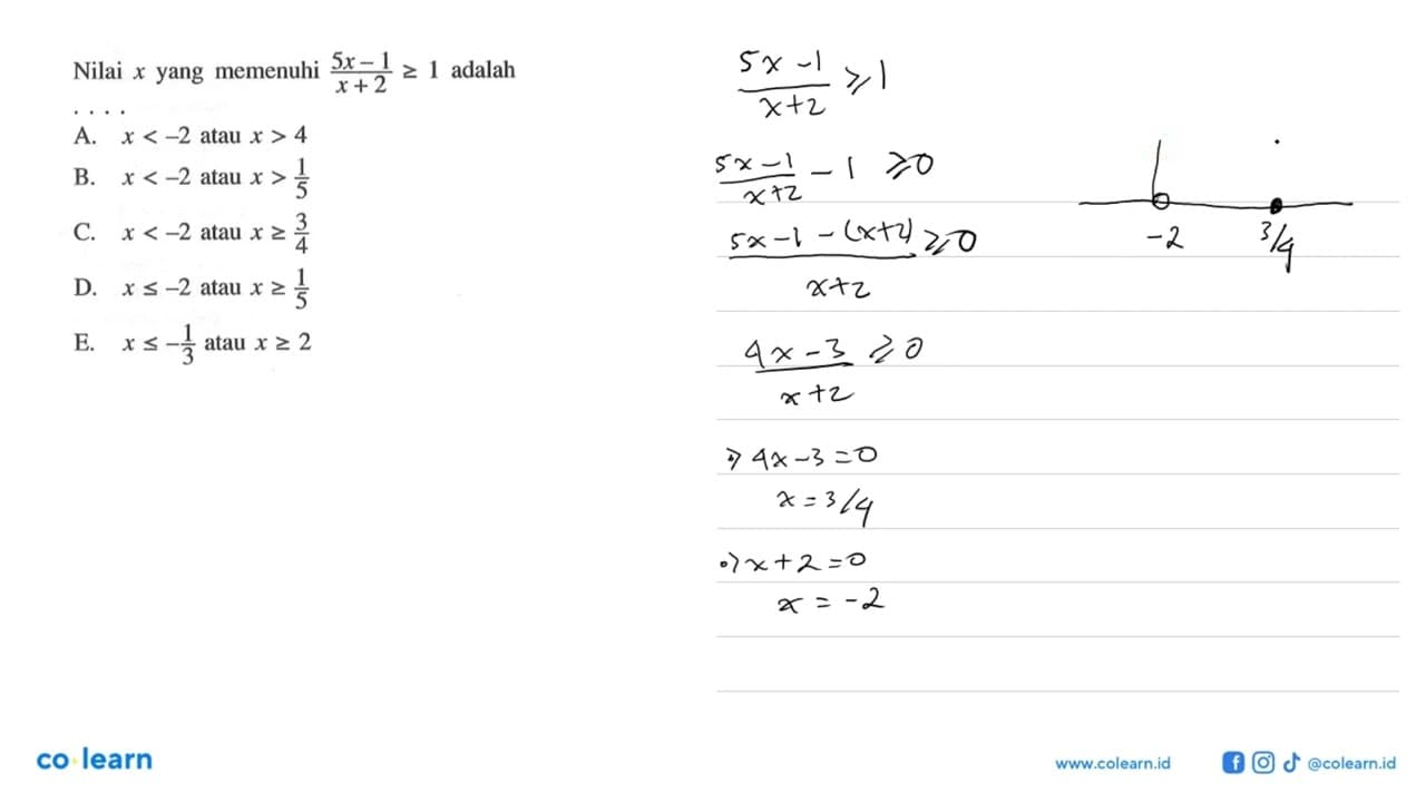 Nilai x yang memenuhi (5x-1)/(x+2)>=1 adalah ....