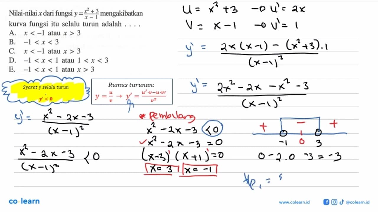 Nilai-nilai x dari fungsi y=(x^2+3)/(x-1) mengakibatkan