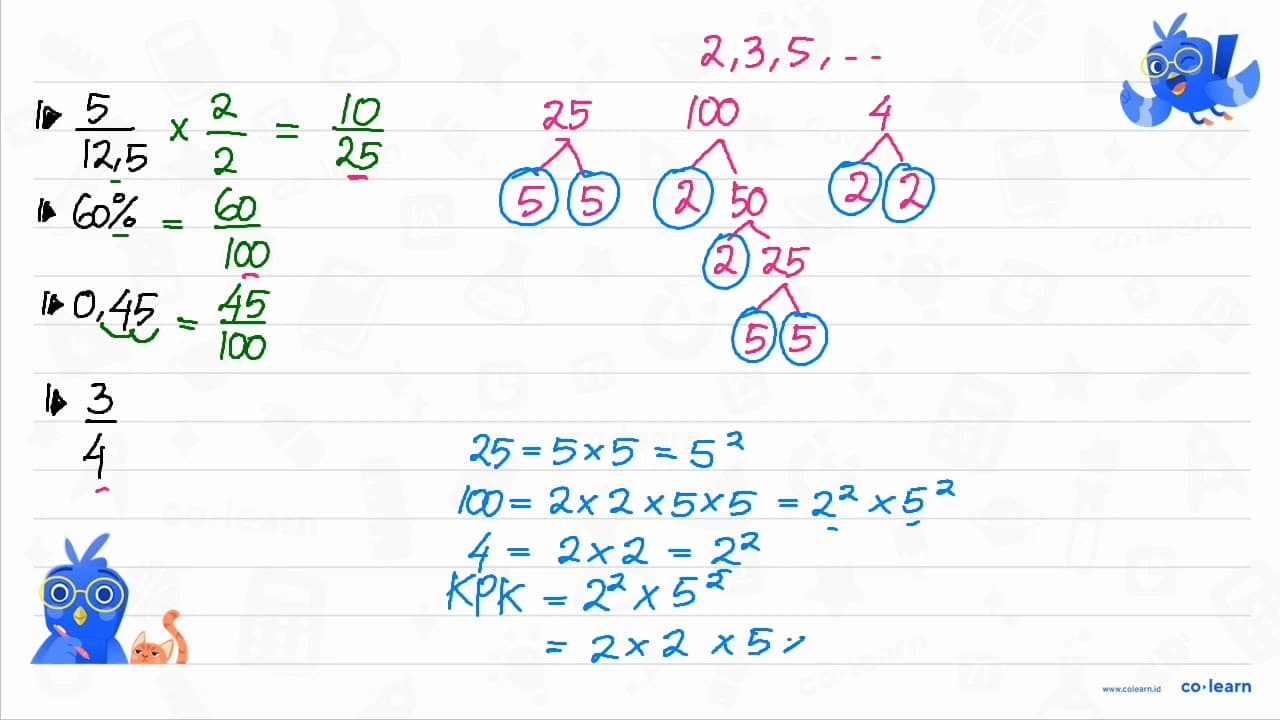 Perhatikan pecahan berikut. (5)/(12,5) ; 60 % ; 0,45 ;