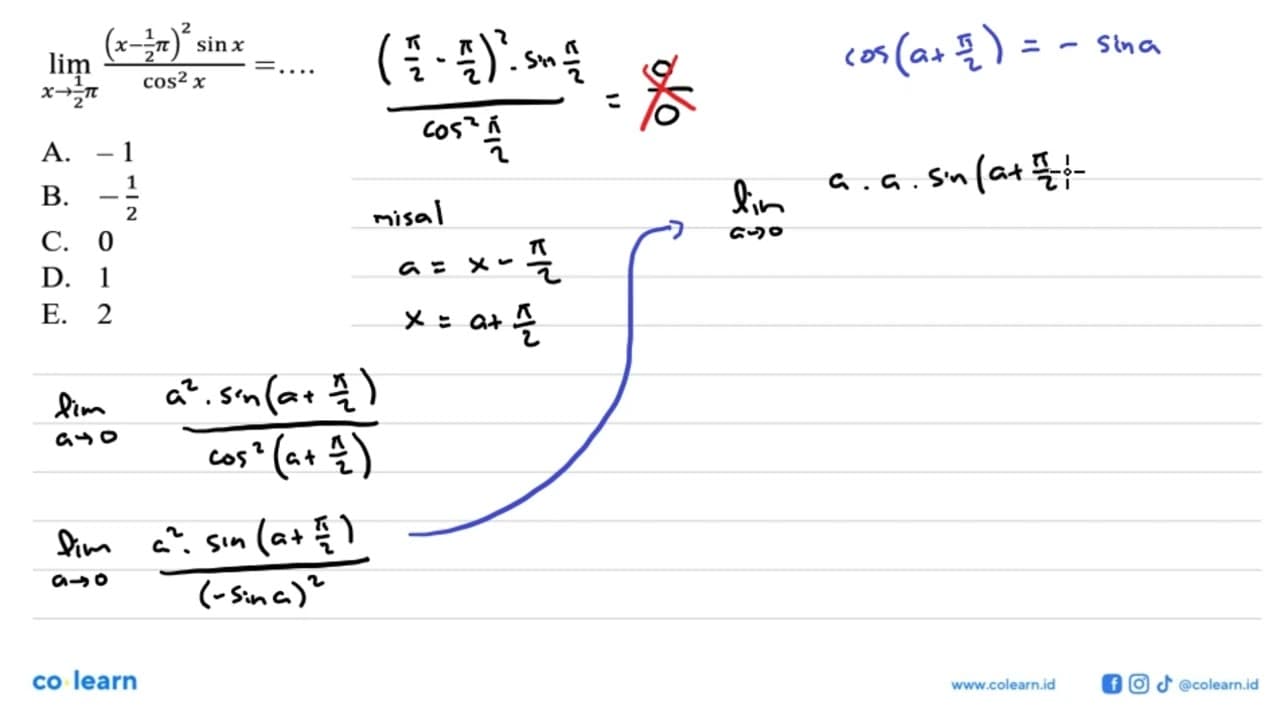 limit x -> 1/2 pi ((x-1/2 pi)^2 sin x)/cos^2 x=....