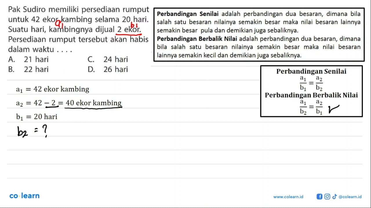 Pak Sudiro memiliki persediaan rumput untuk 42 ekor kambing