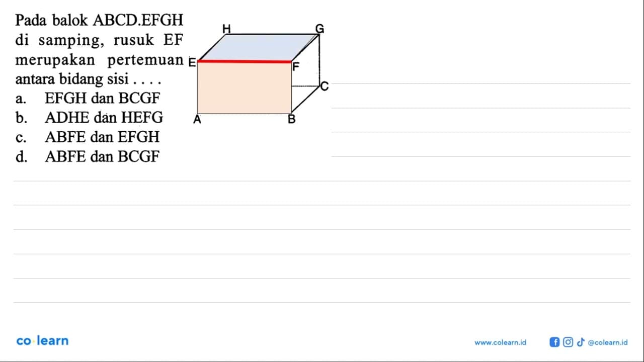 Pada balok ABCD.EFGH di samping, rusuk EF merupakan