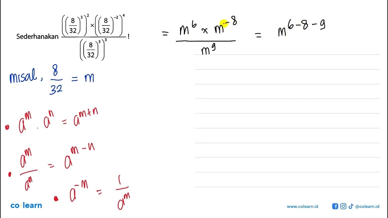 Sederhanakan (((8/(32))^3)^2 x ((8/(32))^(-2))^4) /