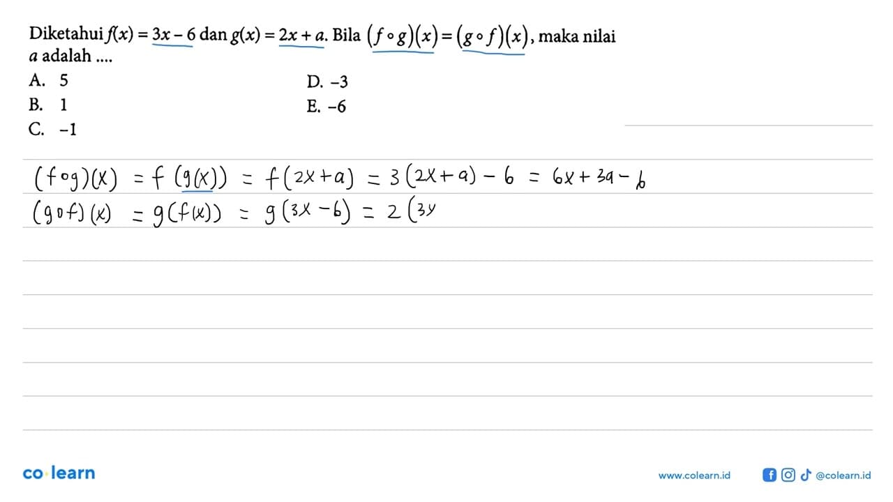 Diketahui f(x)=3x-6 dan g(x)=2x+a. Bila (fog)(x)=(gof)(x),