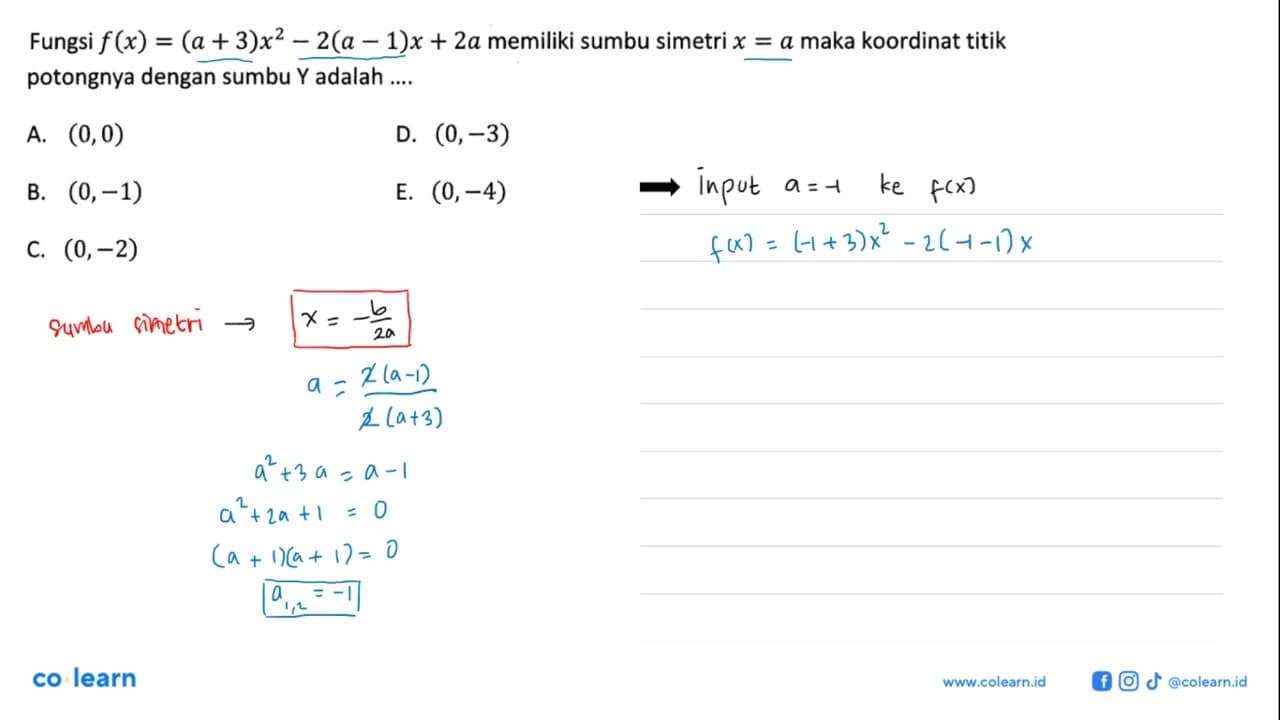 Fungsi f(x)=(a+3)x^2-2(a-1)x+2a memiliki sumbu simetri x=a