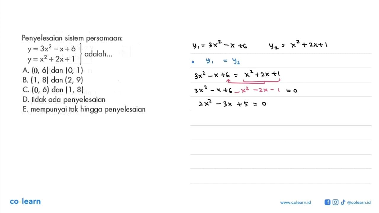 Penyelesaian sistem persamaan: Y= 3x^2 - x+6 Y = x^2+ 2x+ 1