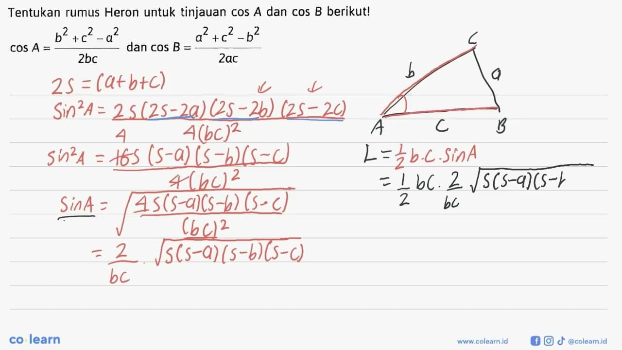 Tentukan rumus Heron untuk tinjauan cos A dan cos B