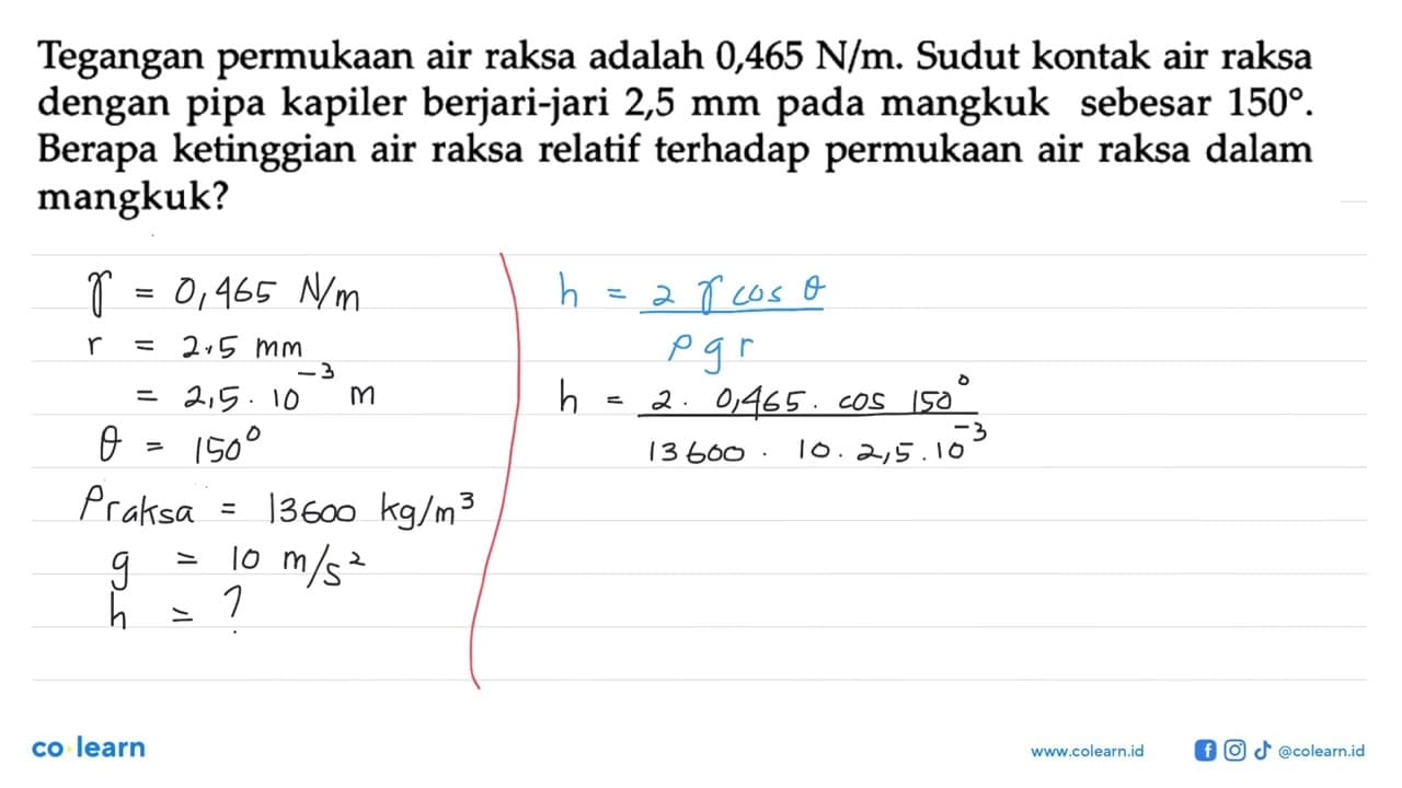 Tegangan permukaan air raksa adalah 0,465 N/m. Sudut kontak