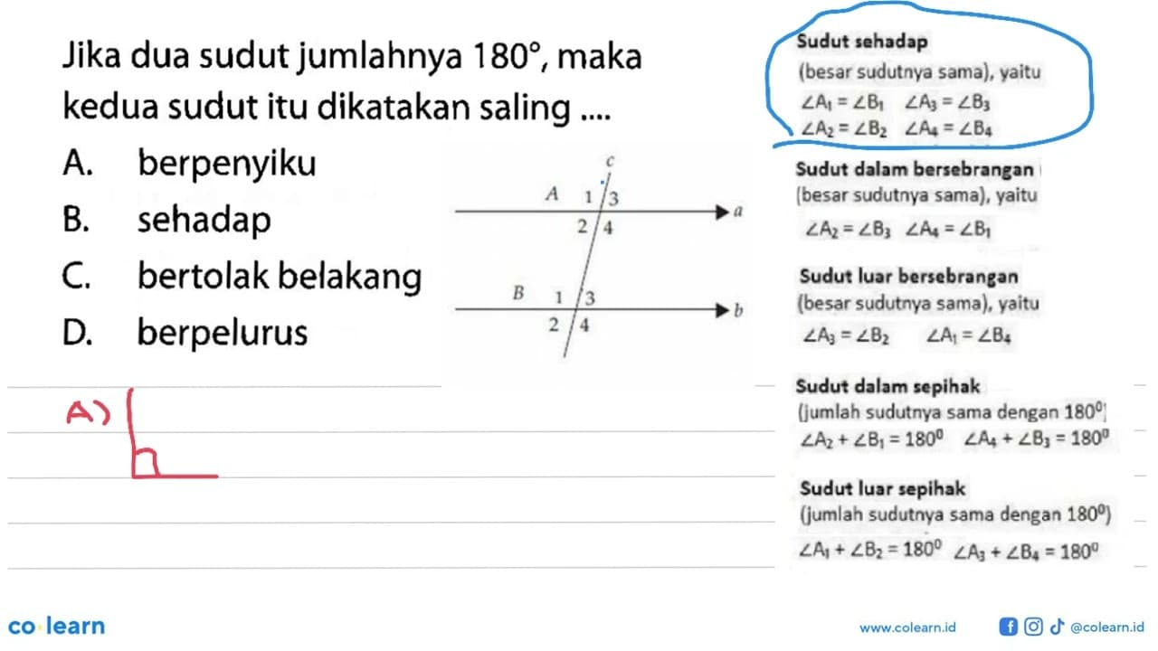 Jika dua sudut jumlahnya 180 , maka kedua sudut itu