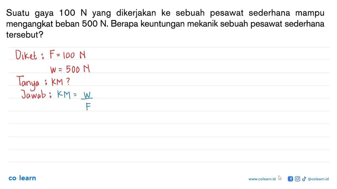 Suatu gaya 100 N yang dikerjakan ke sebuah pesawat