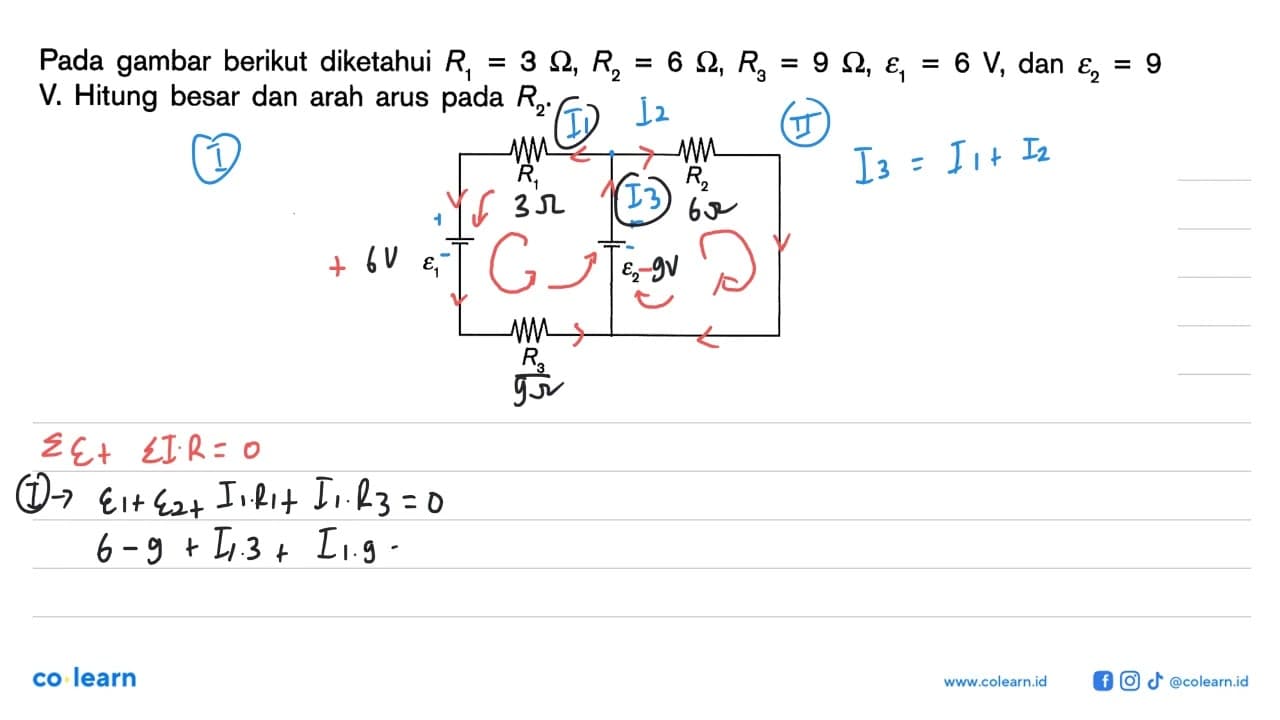 Pada gambar berikut diketahui R1=3 Ohm, R2=6 Ohm, R3=9 Ohm,