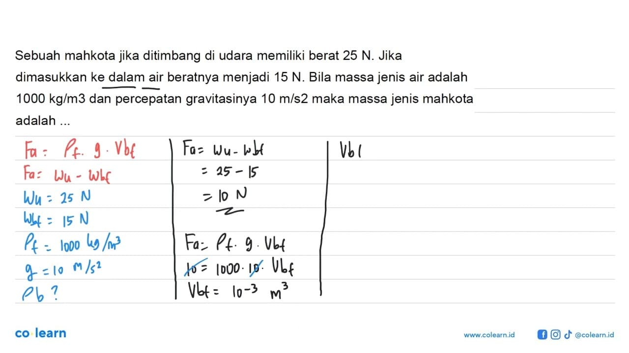 Sebuah mahkota jika ditimbang di udara memiliki berat 25 N.