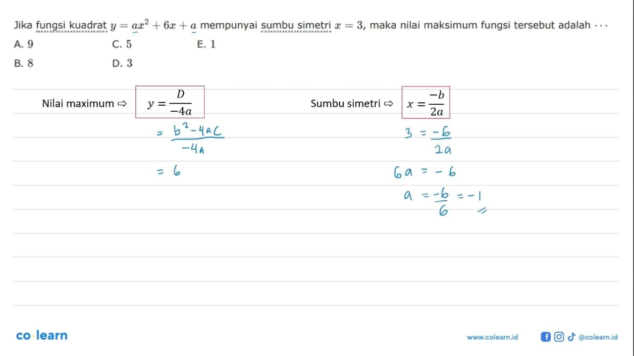 Jika fungsi kuadrat y = ax^2 + 6x + a mempunyai sumbu