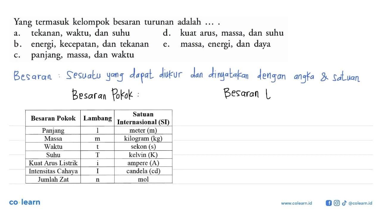 Yang termasuk kelompok besaran turunan adalah .... a.