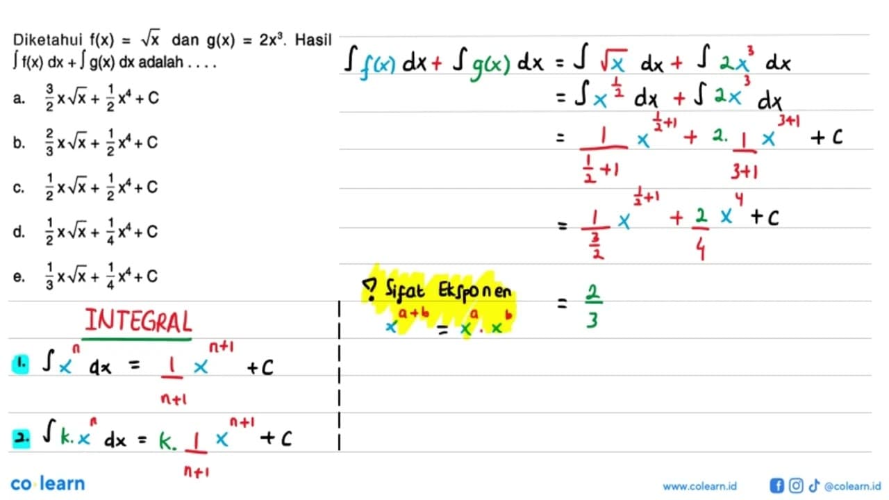 Diketahui f(x)=akar(x) dan g(x)=2x^3. Hasil integral f(x)