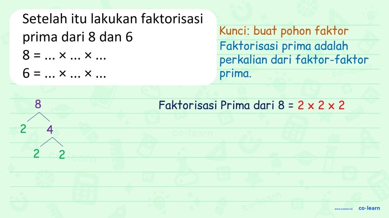 Setelah itu lakukan faktorisasi prima dari 8 dan 6 8 = ...