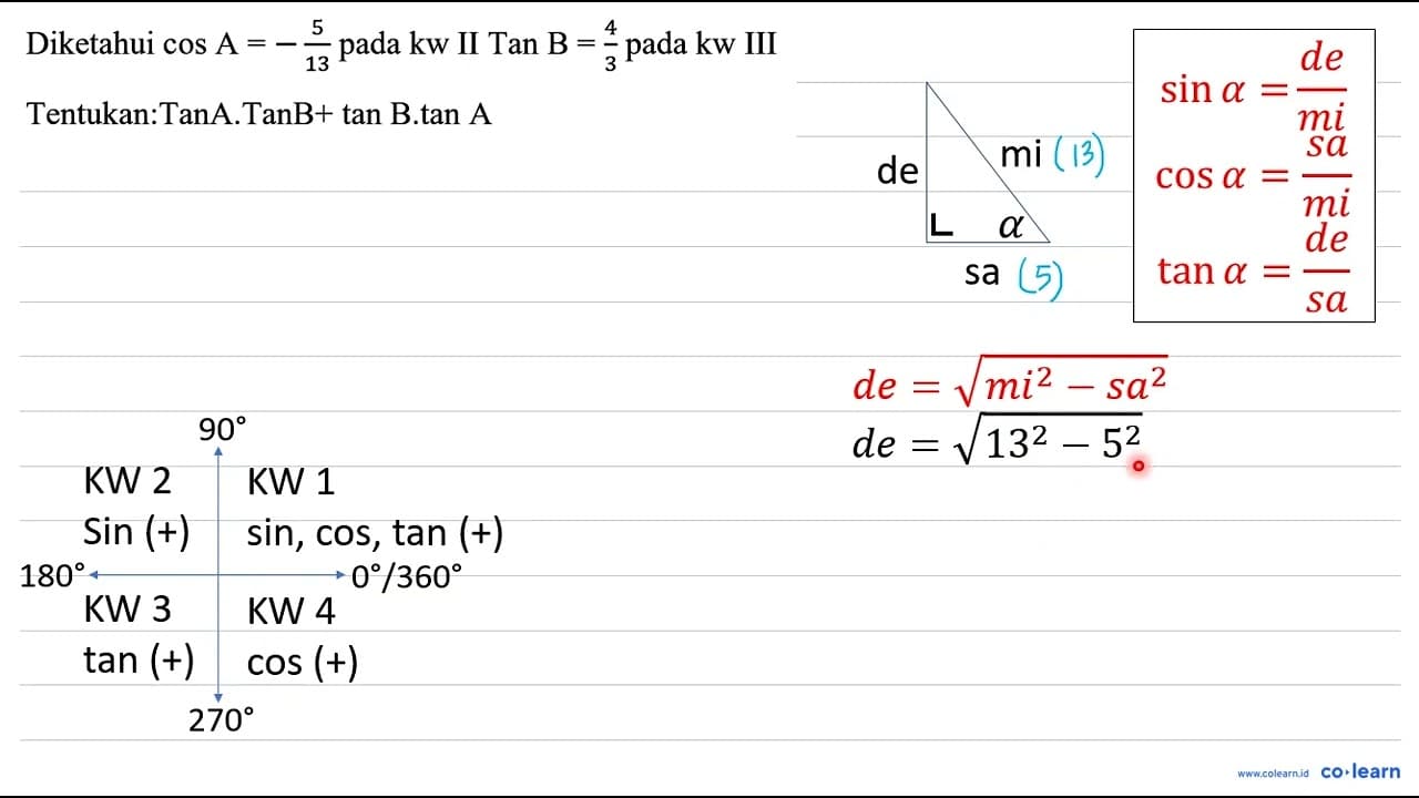 Diketahui cos A=-(5)/(13) pada kw II Tan B=(4)/(3) pada kw