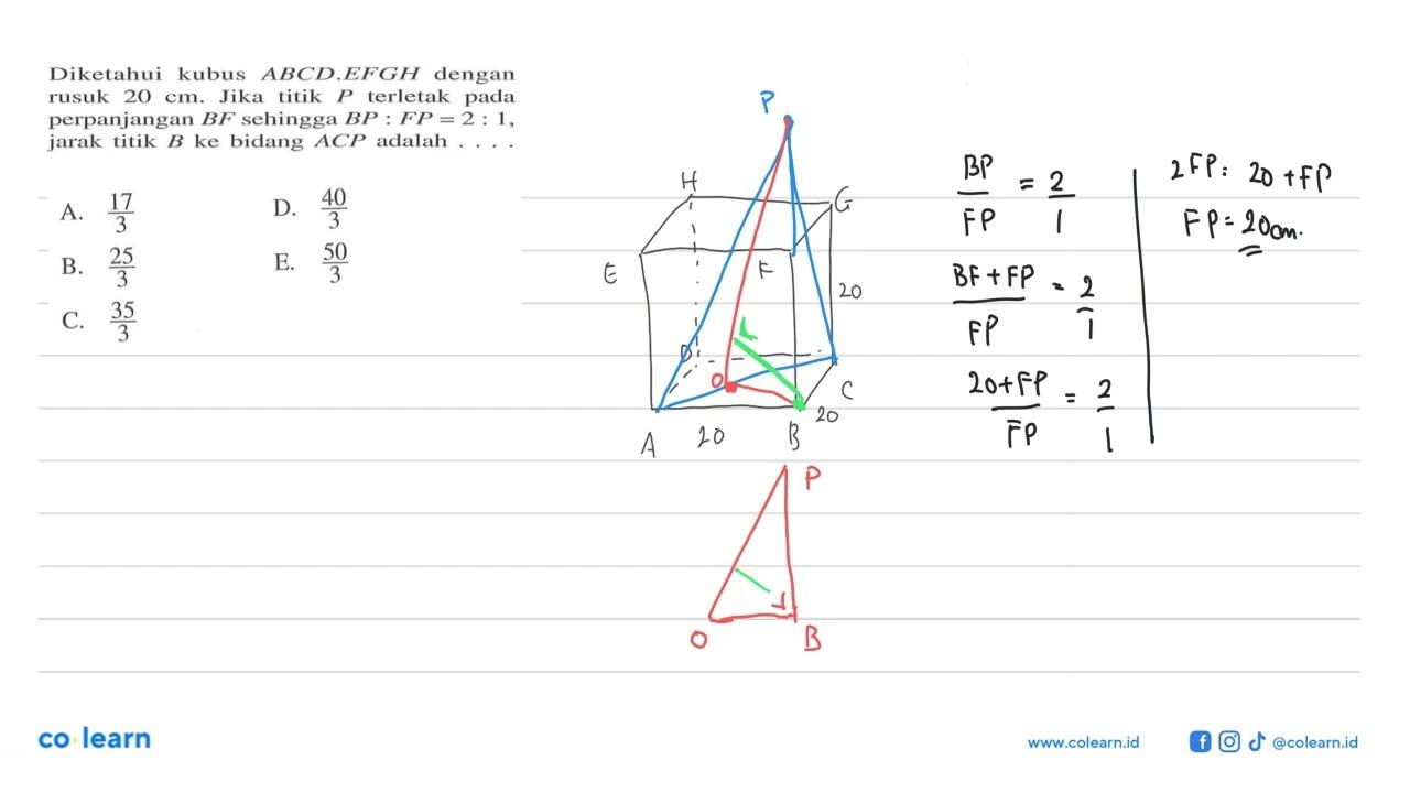 Diketahui kubus ABCD.EFGH dengan rusuk 20 cm. Jika titik P