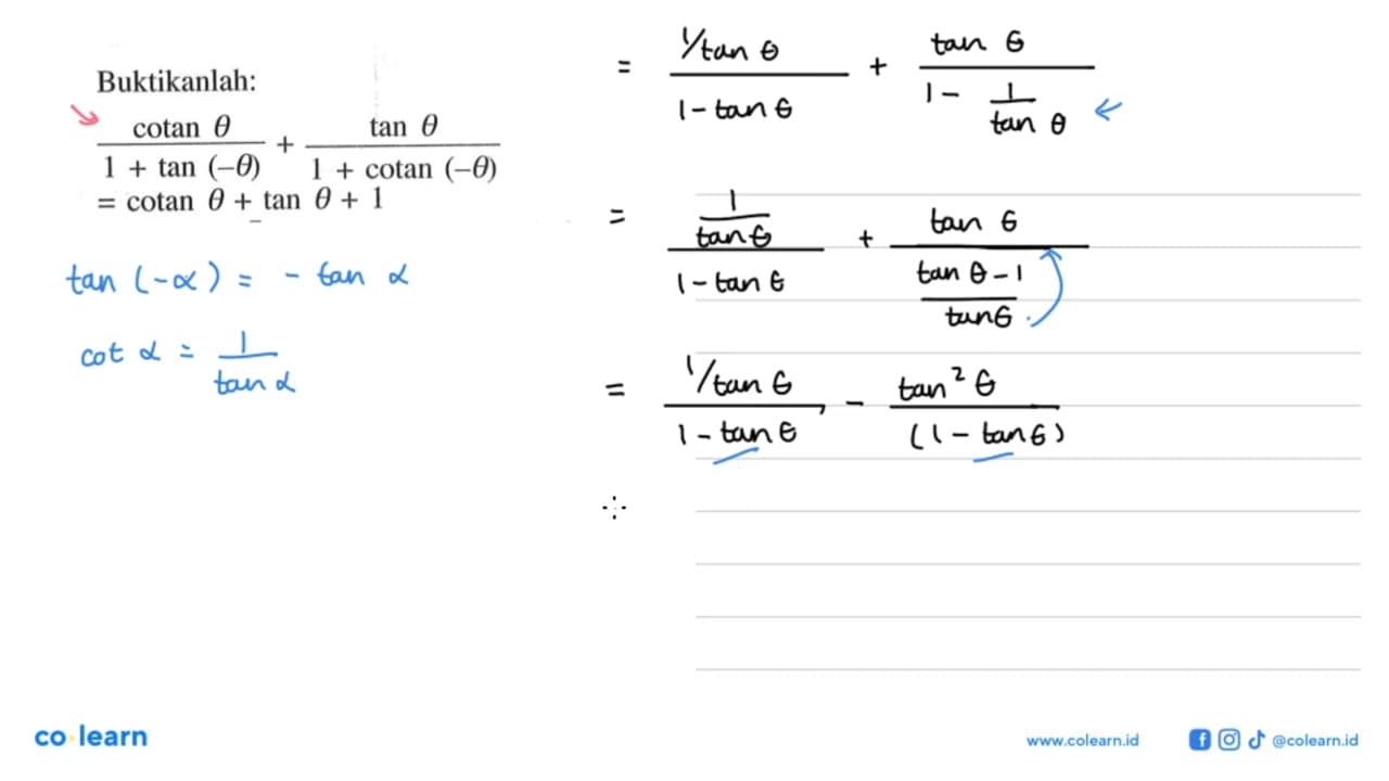 Buktikanlah: (cotan theta)/(1+tan(-theta))+(tan