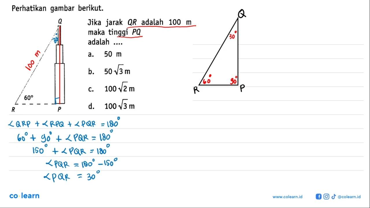 Perhatikan gambar berikut. Q R 60 PJika jarak QR adalah 100