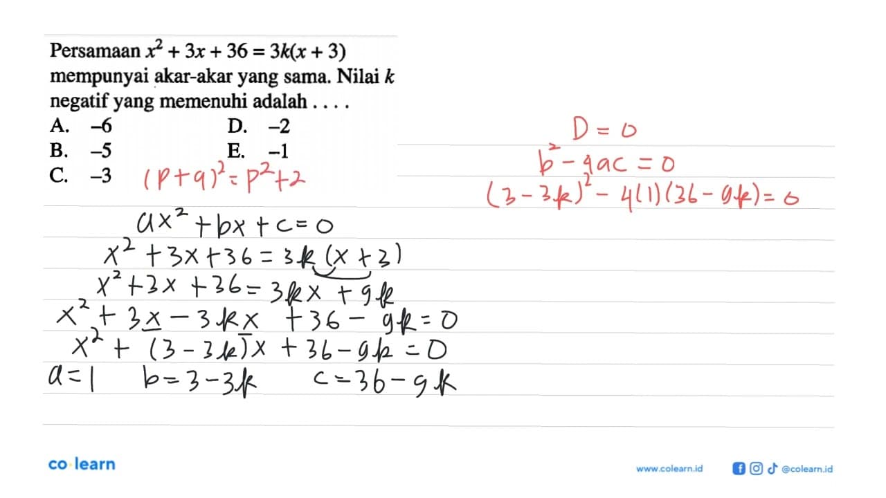 Persamaan x^2 + 3x + 36 = 3k(x +3) mempunyai akar-akar yang