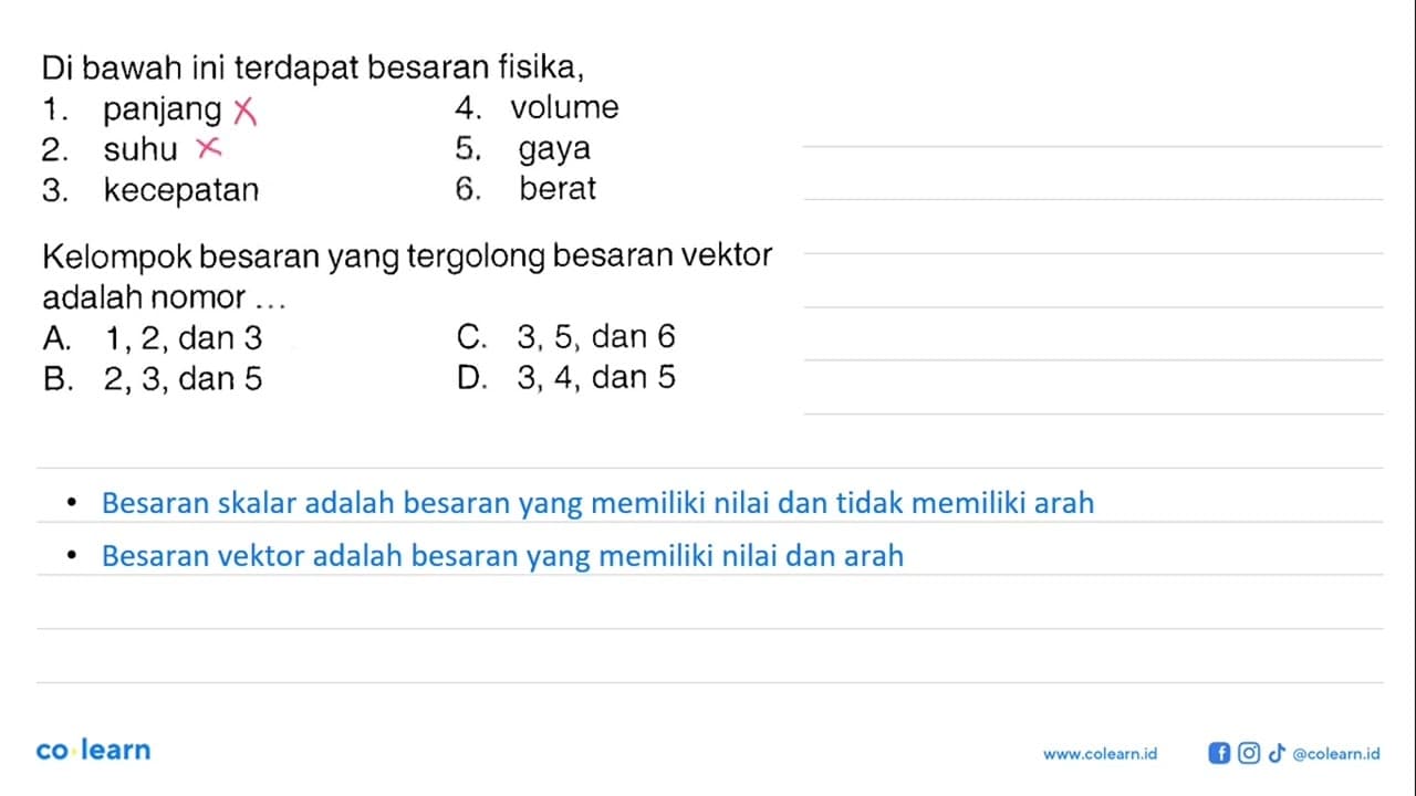 Di bawah ini terdapat besaran fisika, 1. panjang 2. suhu 3.