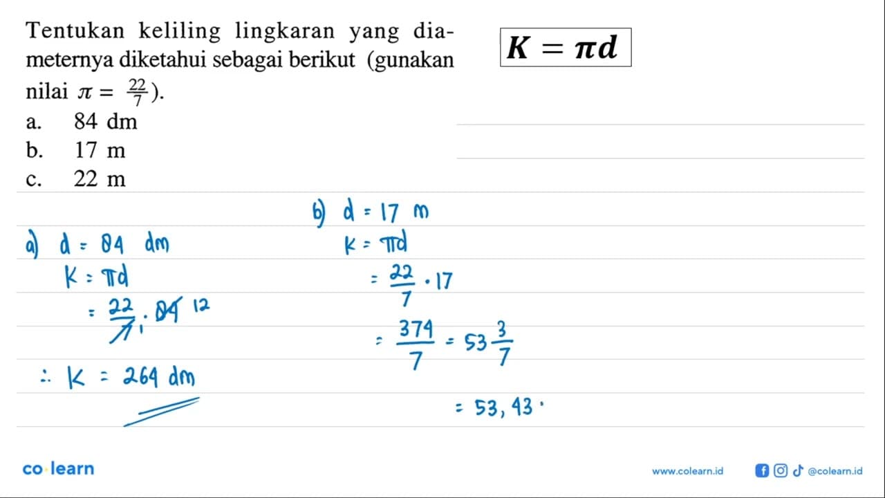 Tentukan keliling lingkaran yang diameternya diketahui