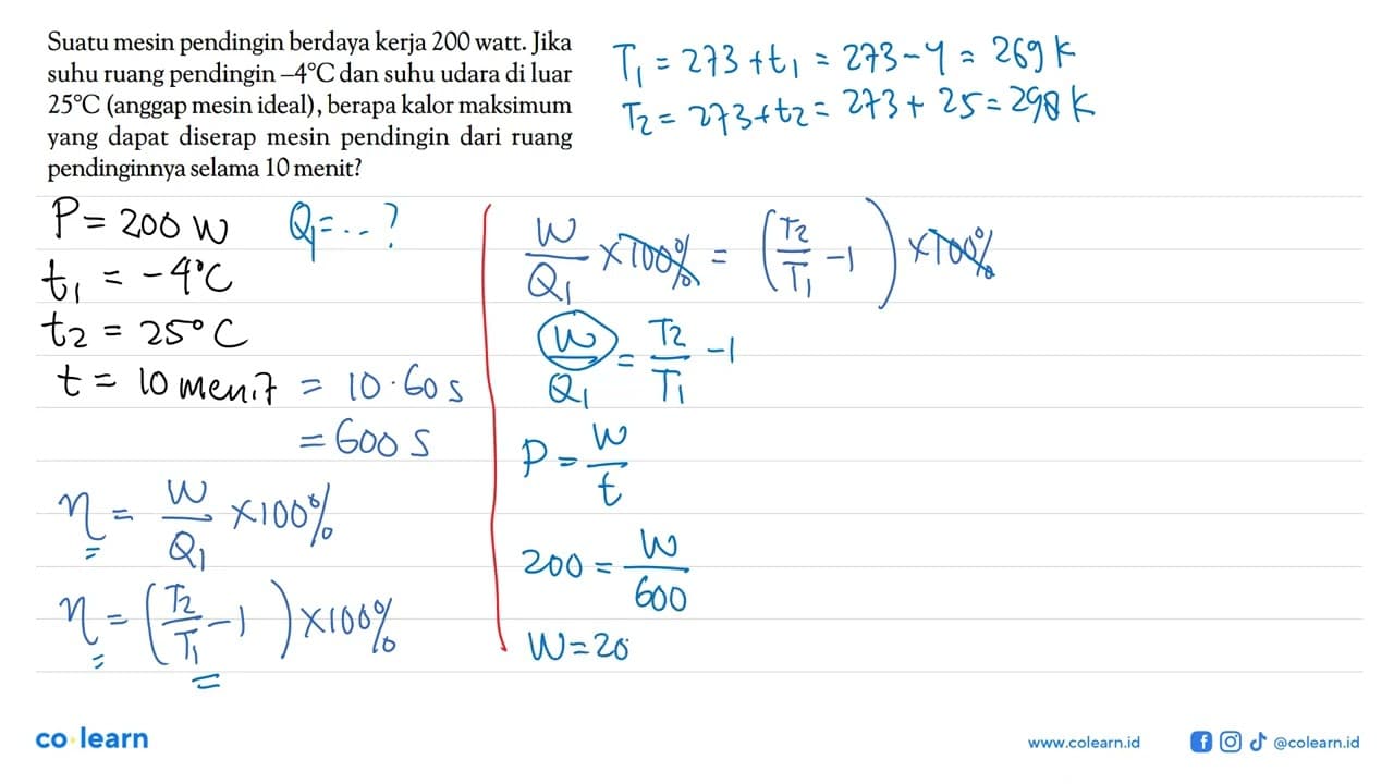 Suatu mesin pendingin berdaya kerja 200 watt. Jika suhu