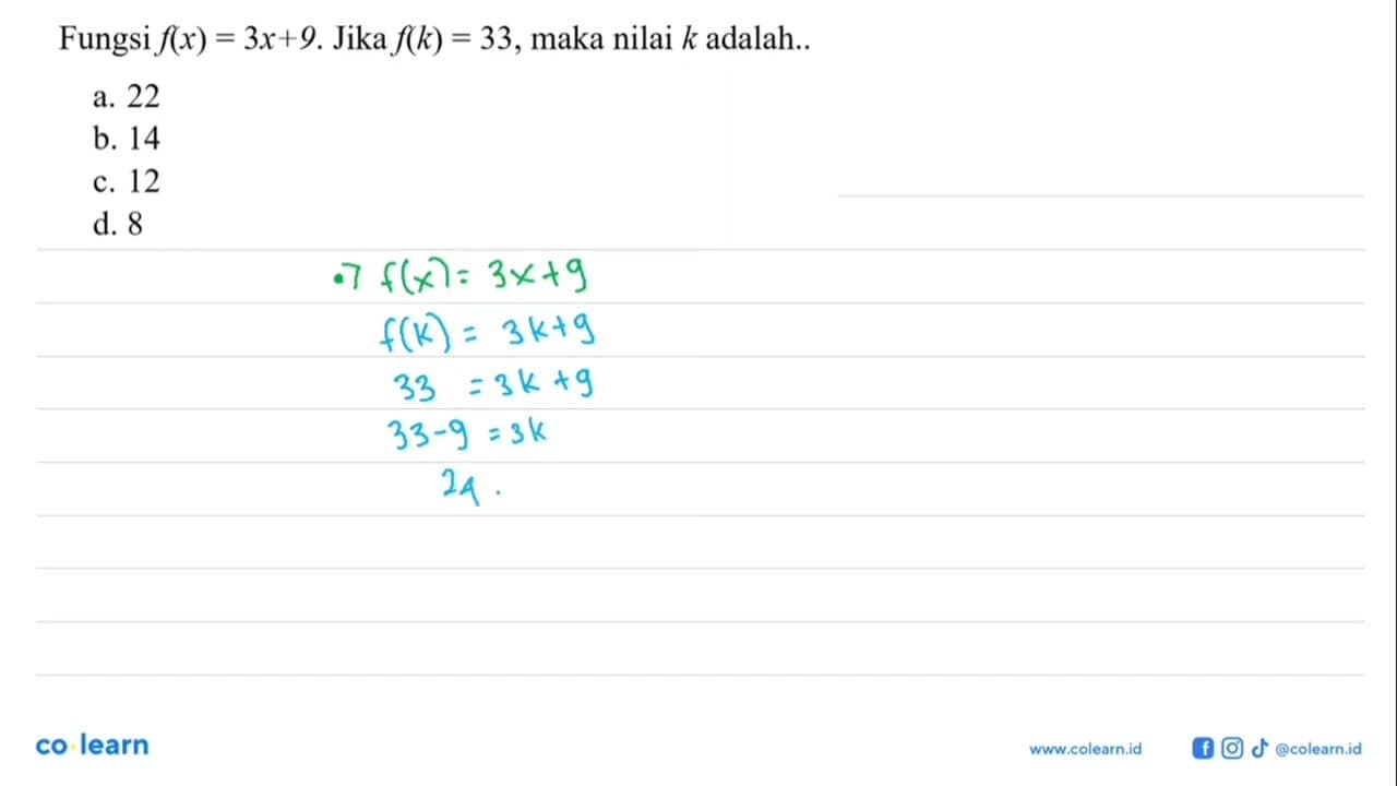 Fungsi f(x)=3x+9. Jika f(k)=33 , maka nilai k adalah..