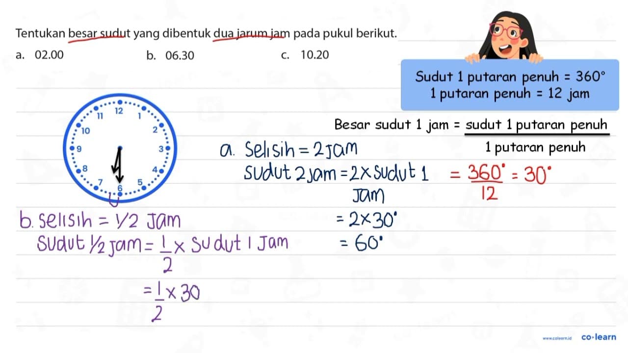 Tentukan besar sudut yang dibentuk dua jarum jam pada pukul