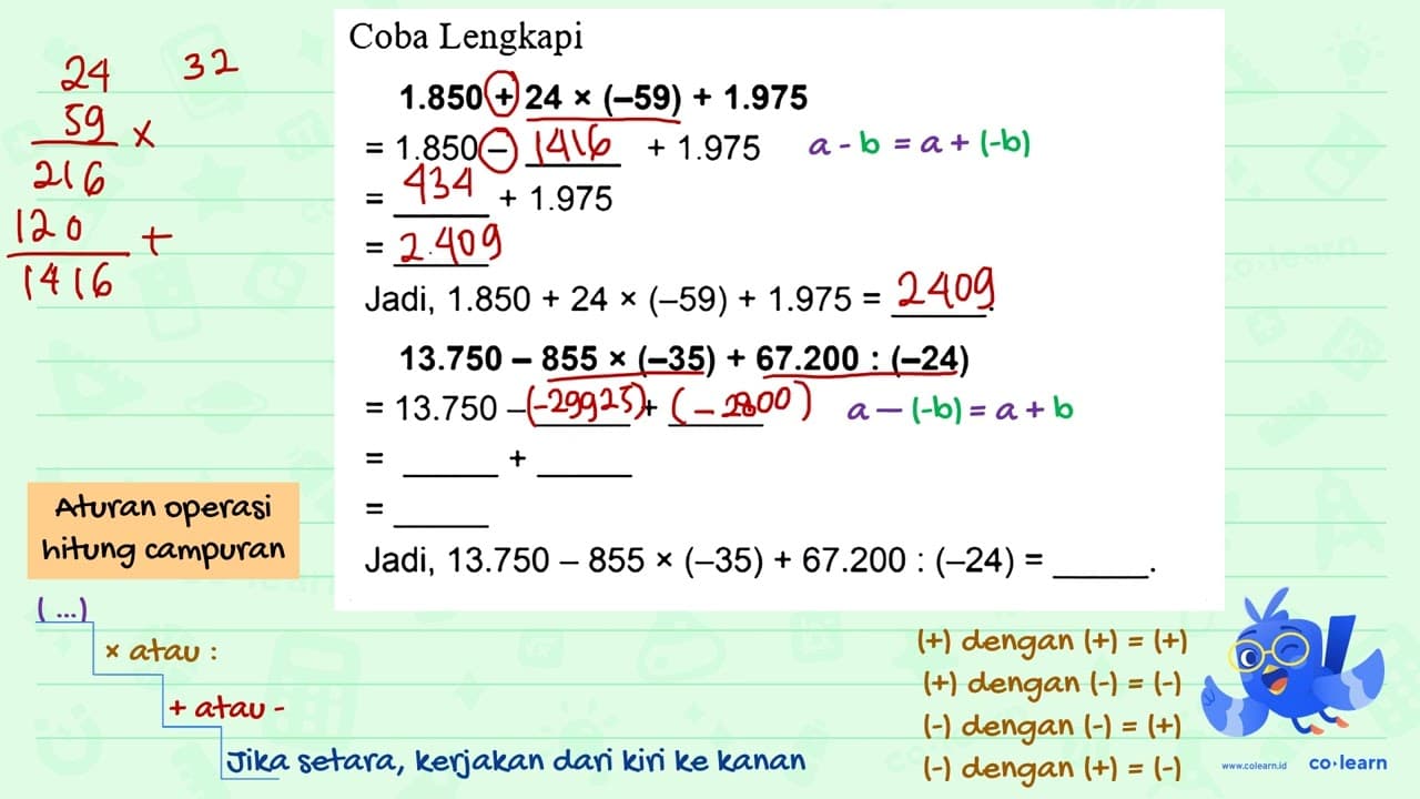 Coba Lengkapi 1.850 + 24 x (-59) + 1.975 = 1.850 - ... +