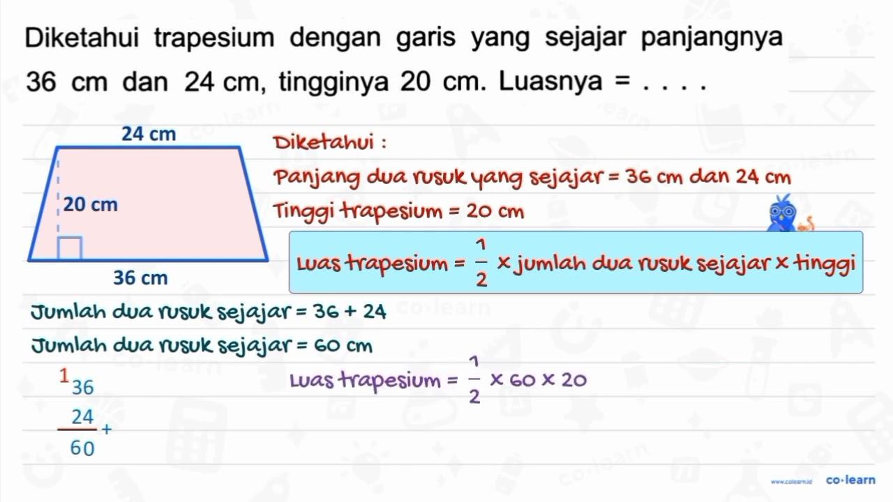 Diketahui trapesium dengan garis yang sejajar panjangnya 36