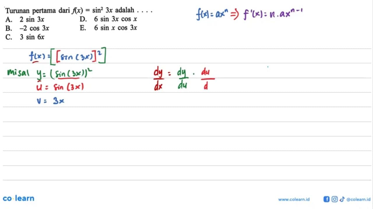 Turunan pertama dari f(x)=sin^2 3 x adalah ....