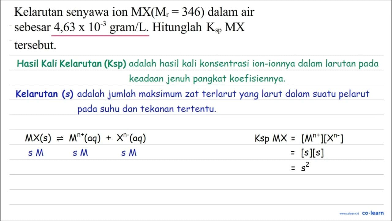 Kelarutan senyawa ion MX (Mr = 346) dalam air sebesar 4,63